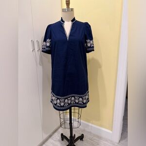 Crown & Ivy Navy Tunic Dress with Cream Floral Embroidery